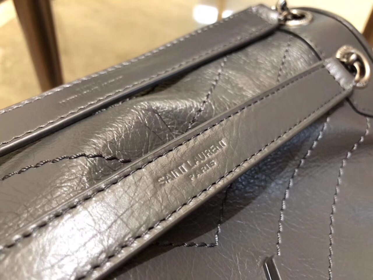 Sa**t Lau*nt medium niki bag in storm gray crinkled leather
