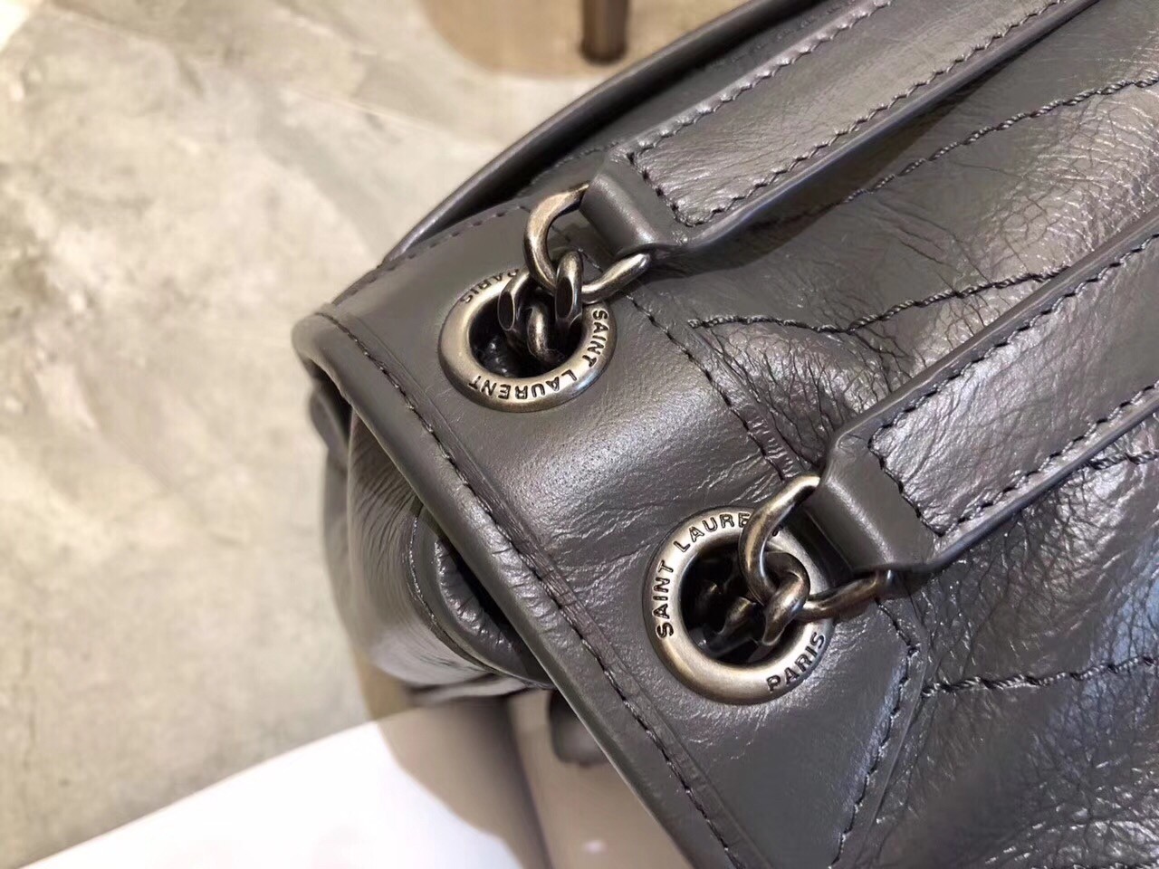 Sa**t Lau*nt medium niki bag in storm gray crinkled leather