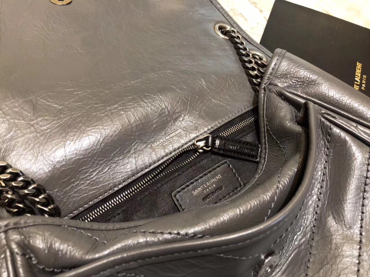 Sa**t Lau*nt medium niki bag in storm gray crinkled leather