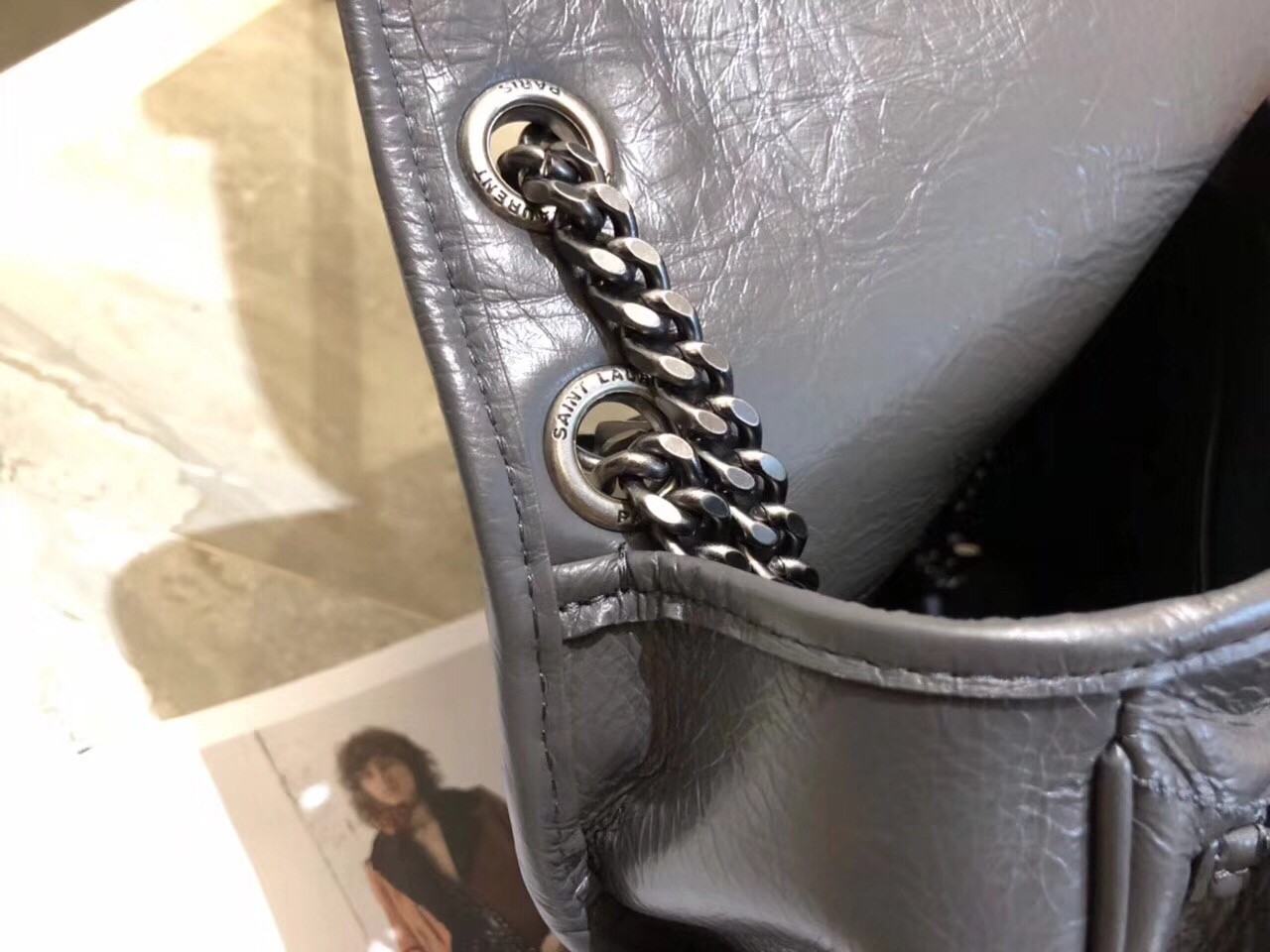 Sa**t Lau*nt medium niki bag in storm gray crinkled leather