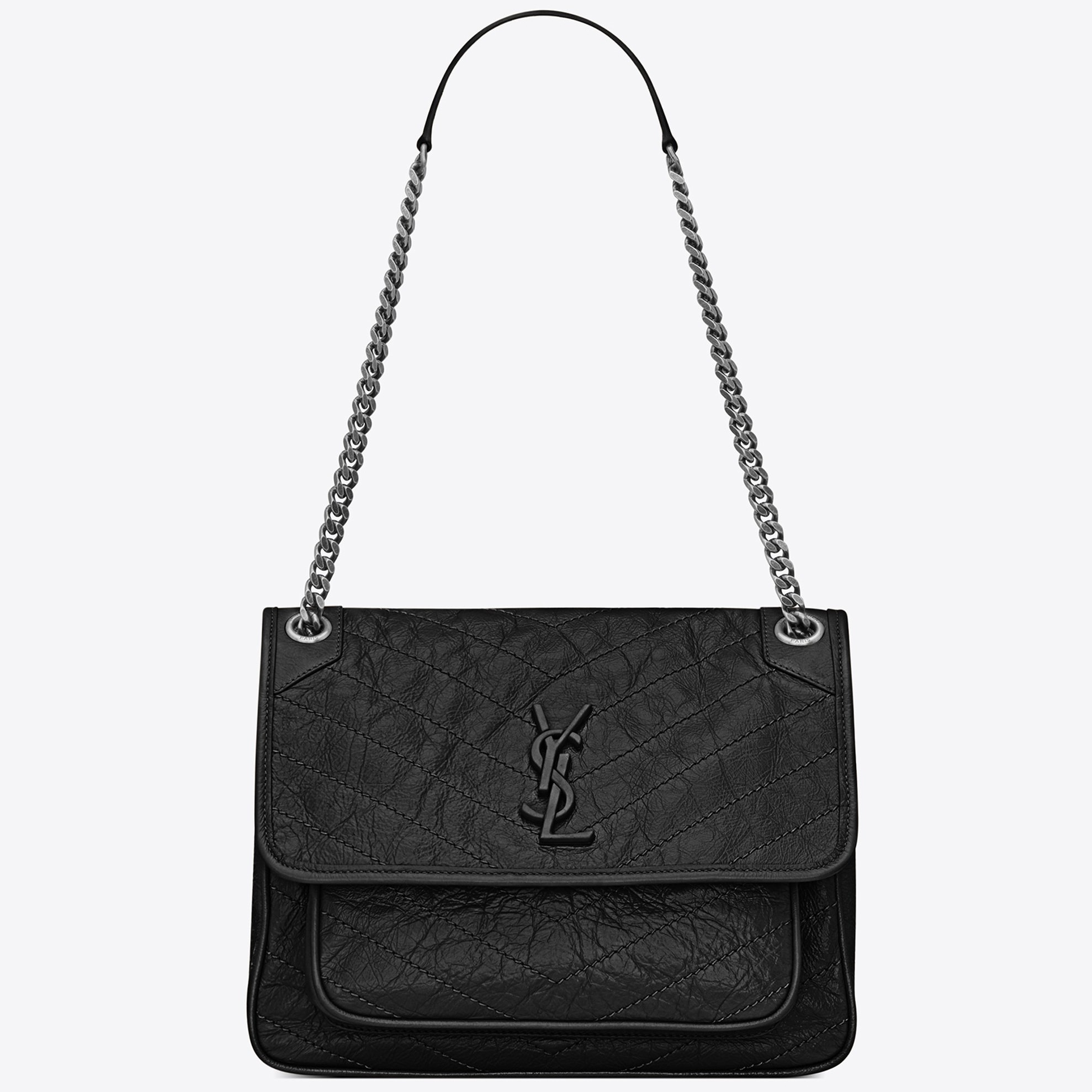 Sa**t Lau*nt medium niki bag in black crinkled leather