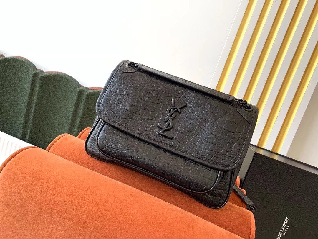 Sa**t Lau*nt medium niki bag in black crocodile embossed leather
