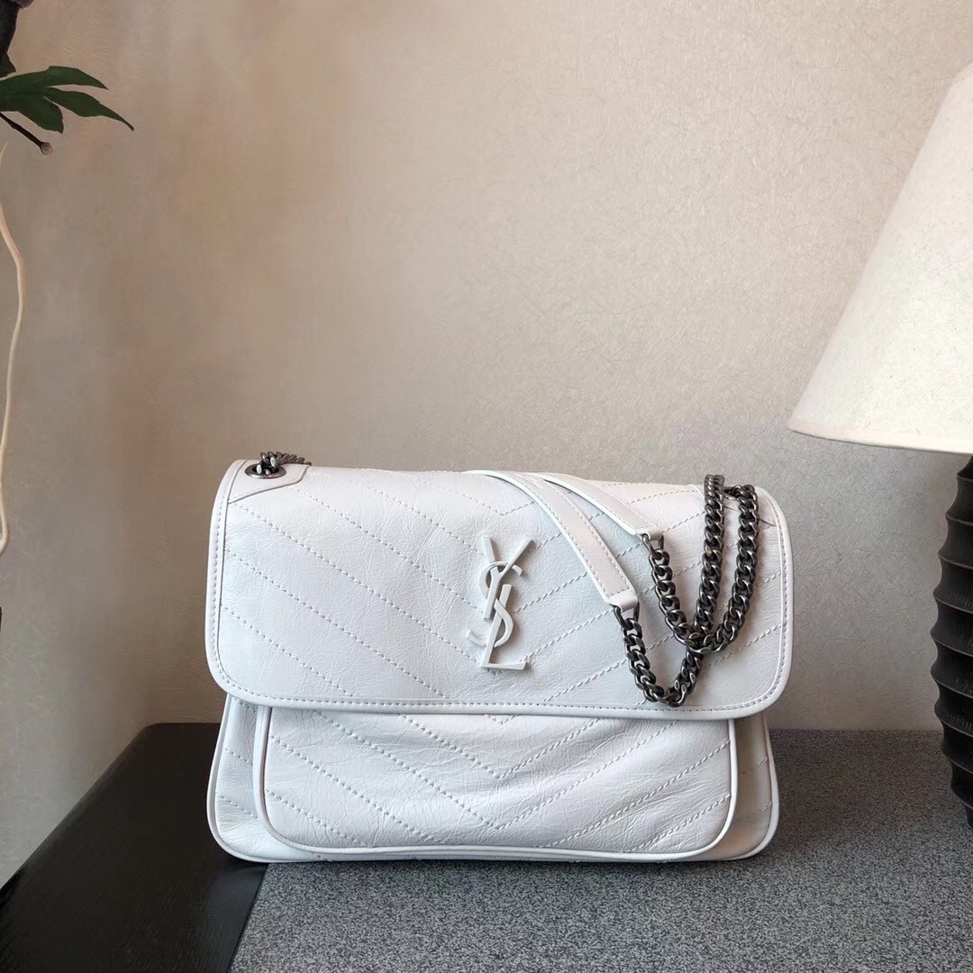Sa**t Lau*nt large niki chain bag in white crinkled leather
