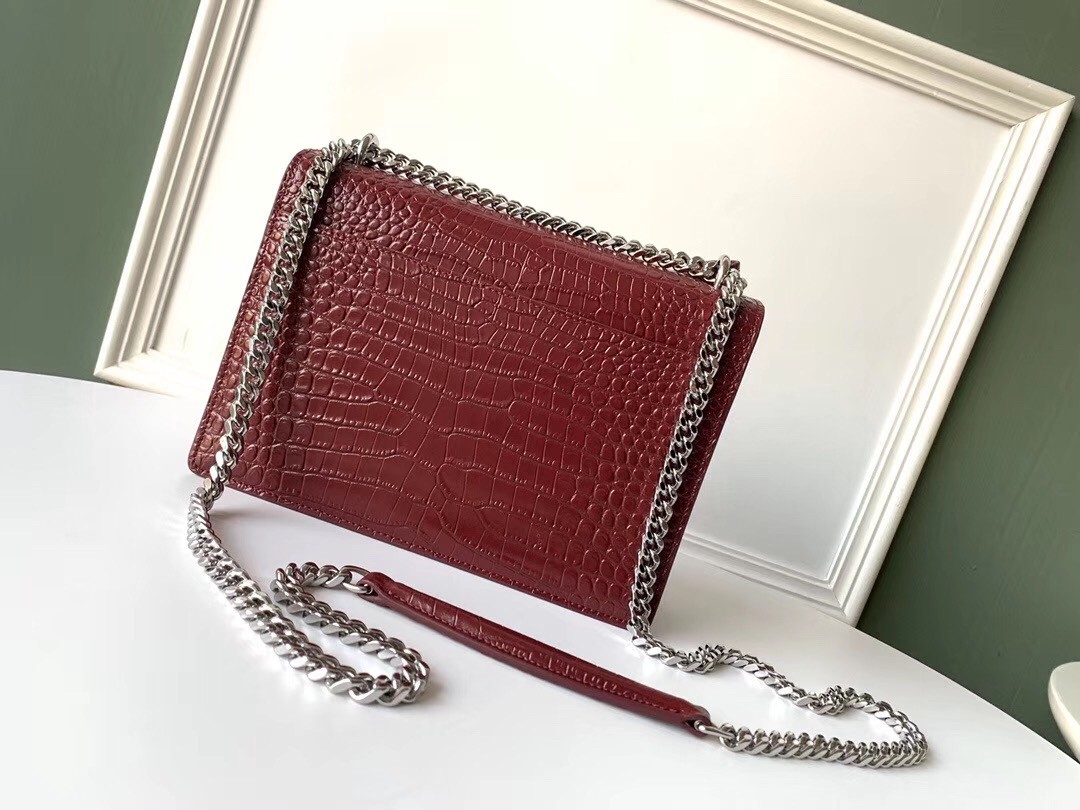 Sa**t Lau*nt sunset medium bag in bordeaux crocodile embossed leather