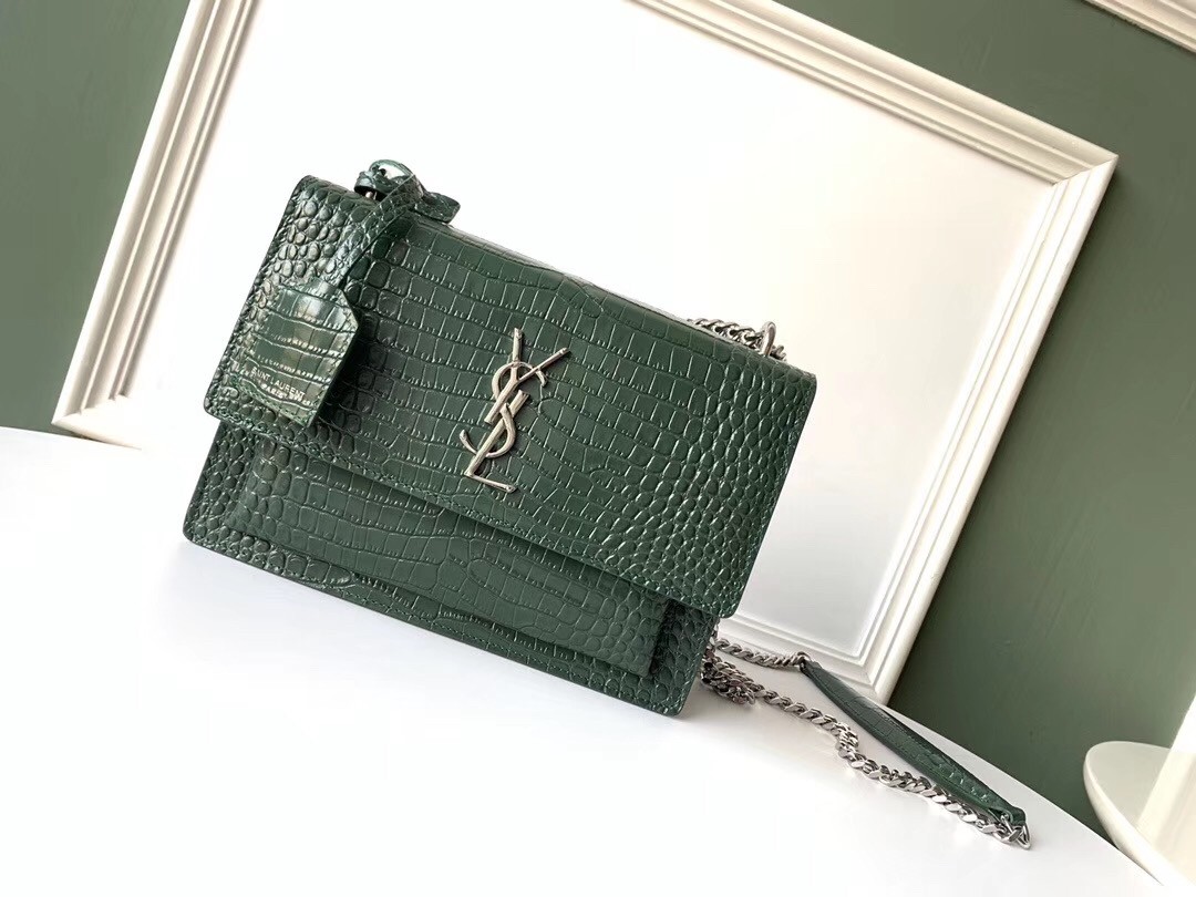 Sa**t Lau*nt sunset medium bag in green crocodile embossed leather