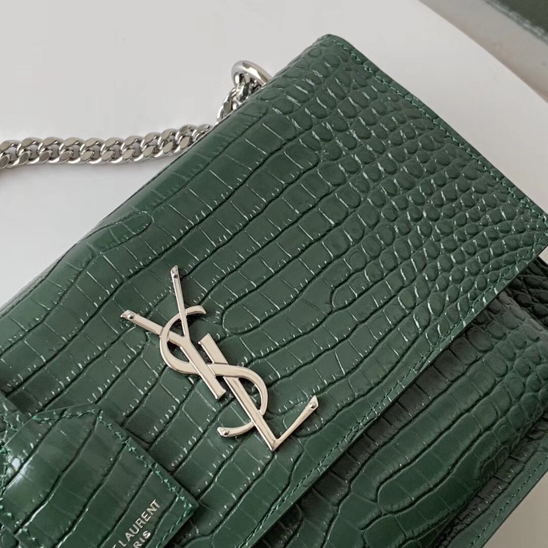 Sa**t Lau*nt sunset medium bag in green crocodile embossed leather