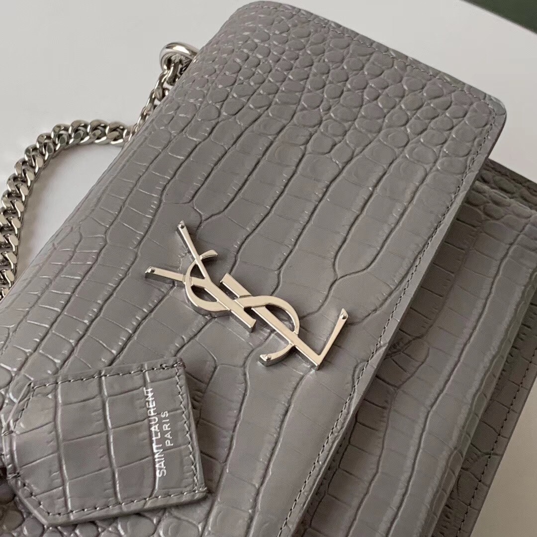 Sa**t Lau*nt sunset medium bag in grey crocodile embossed leather