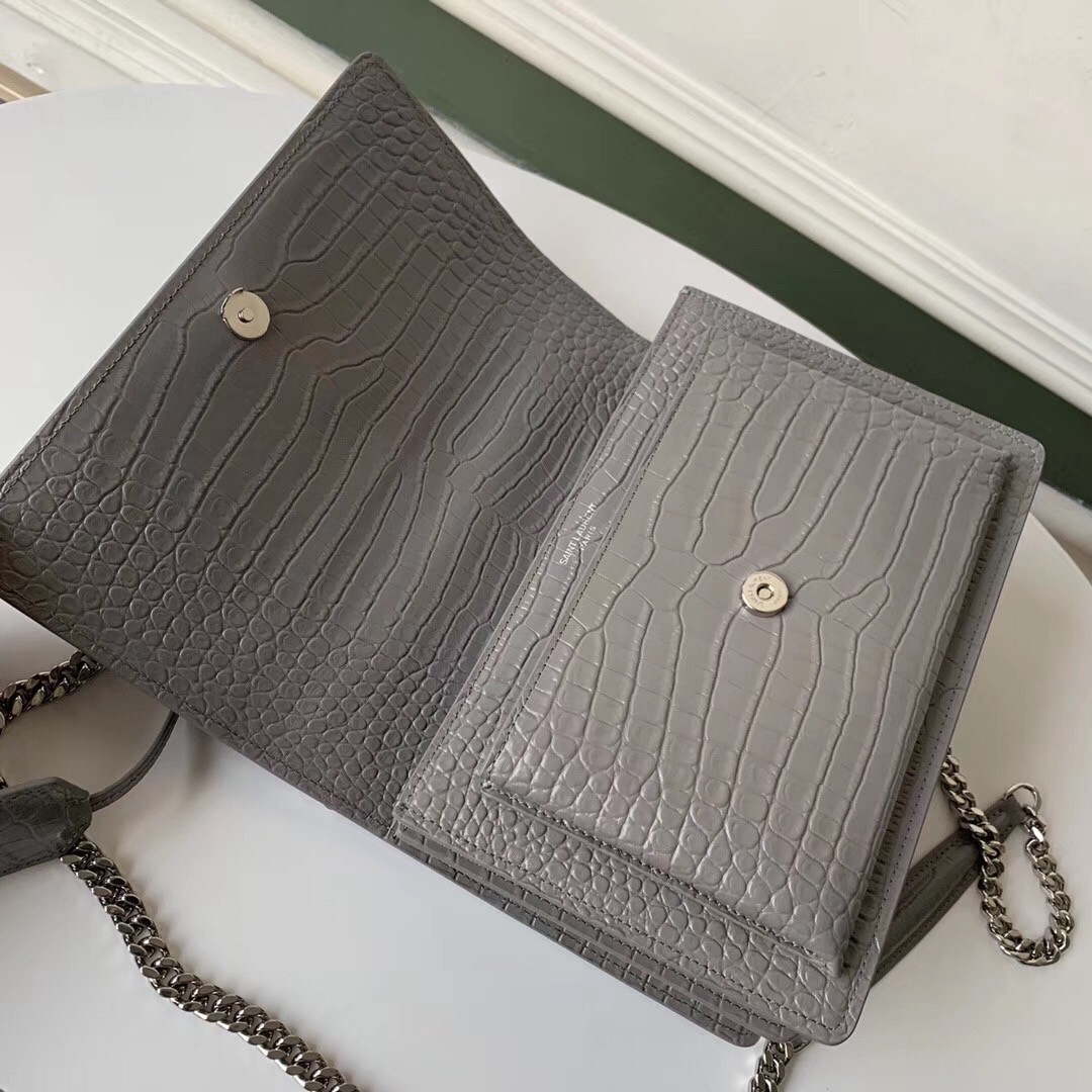 Sa**t Lau*nt sunset medium bag in grey crocodile embossed leather