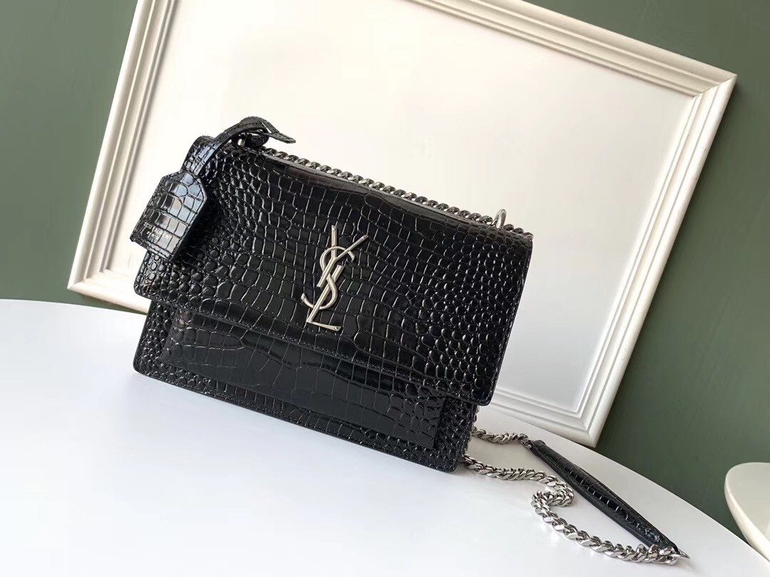 Sa**t Lau*nt sunset medium bag in black crocodile embossed leather