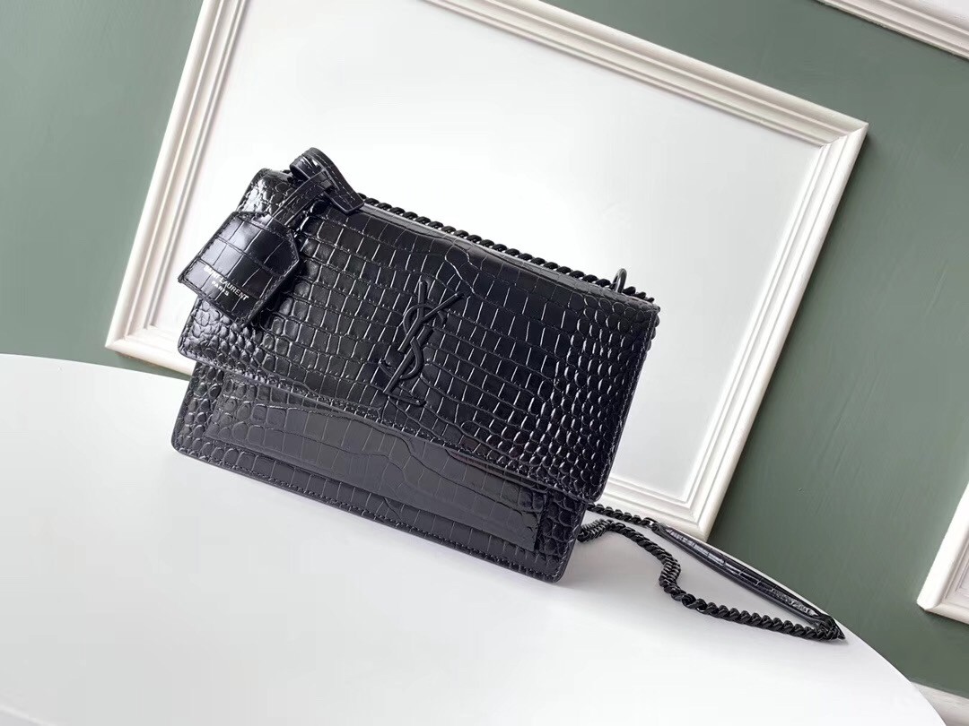 Sa**t Lau*nt sunset medium bag in noir crocodile embossed leather