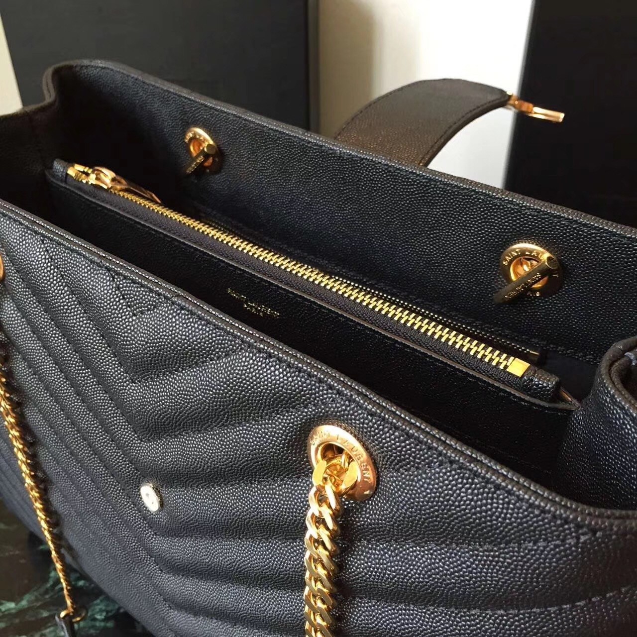Sa**t Lau*nt monogram tote bag in black grained leather
