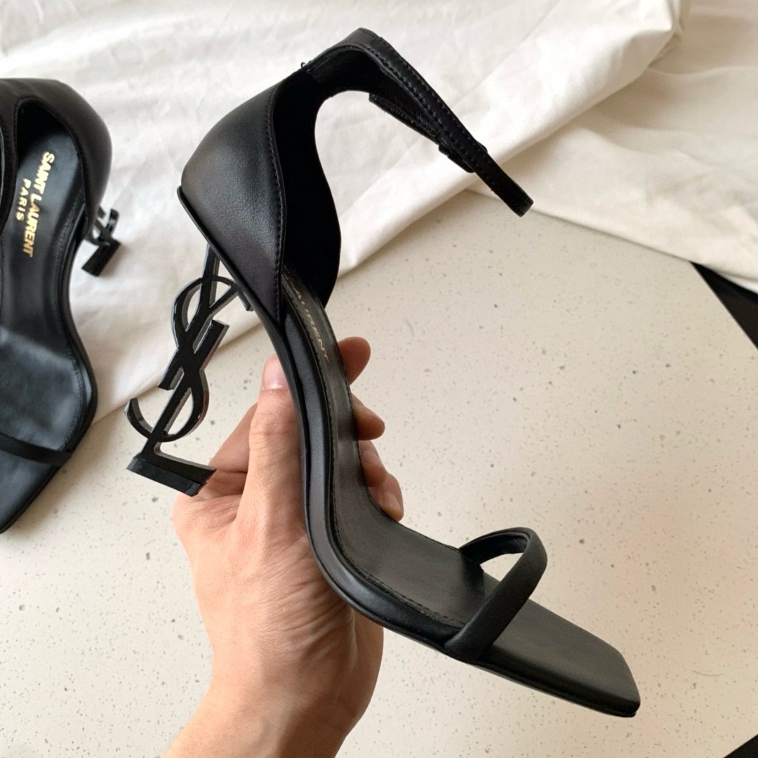 Sa**t Lau*nt opyum 85mm sandals in black leather with black y*l heel
