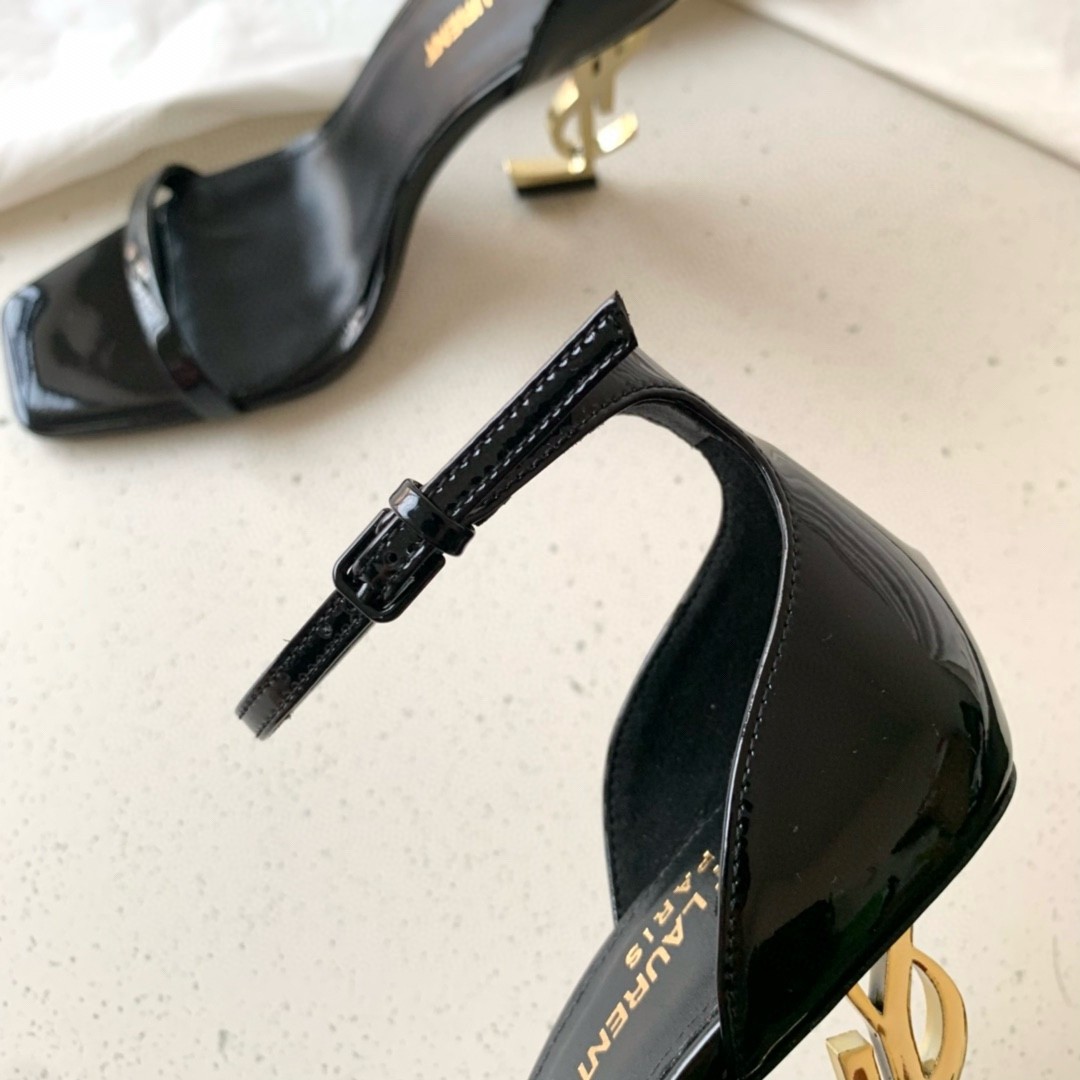 Sa**t Lau*nt opyum 85mm sandals in black patent leather with gold y*l heel