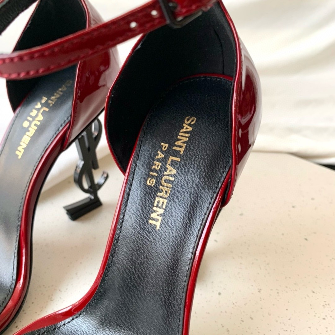 Sa**t Lau*nt opyum 85mm sandals in red patent leather with black y*l heel