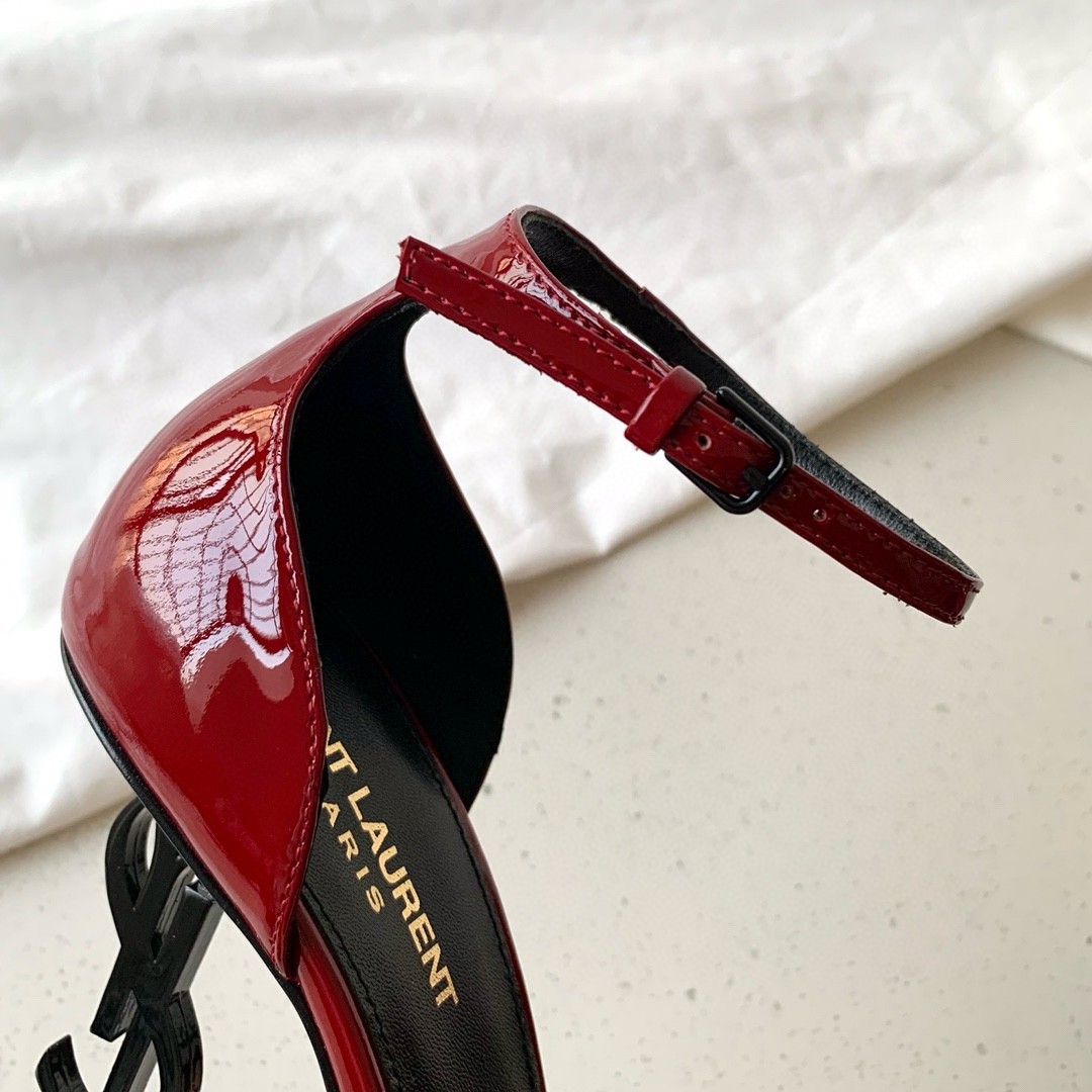 Sa**t Lau*nt opyum 85mm sandals in red patent leather with black y*l heel