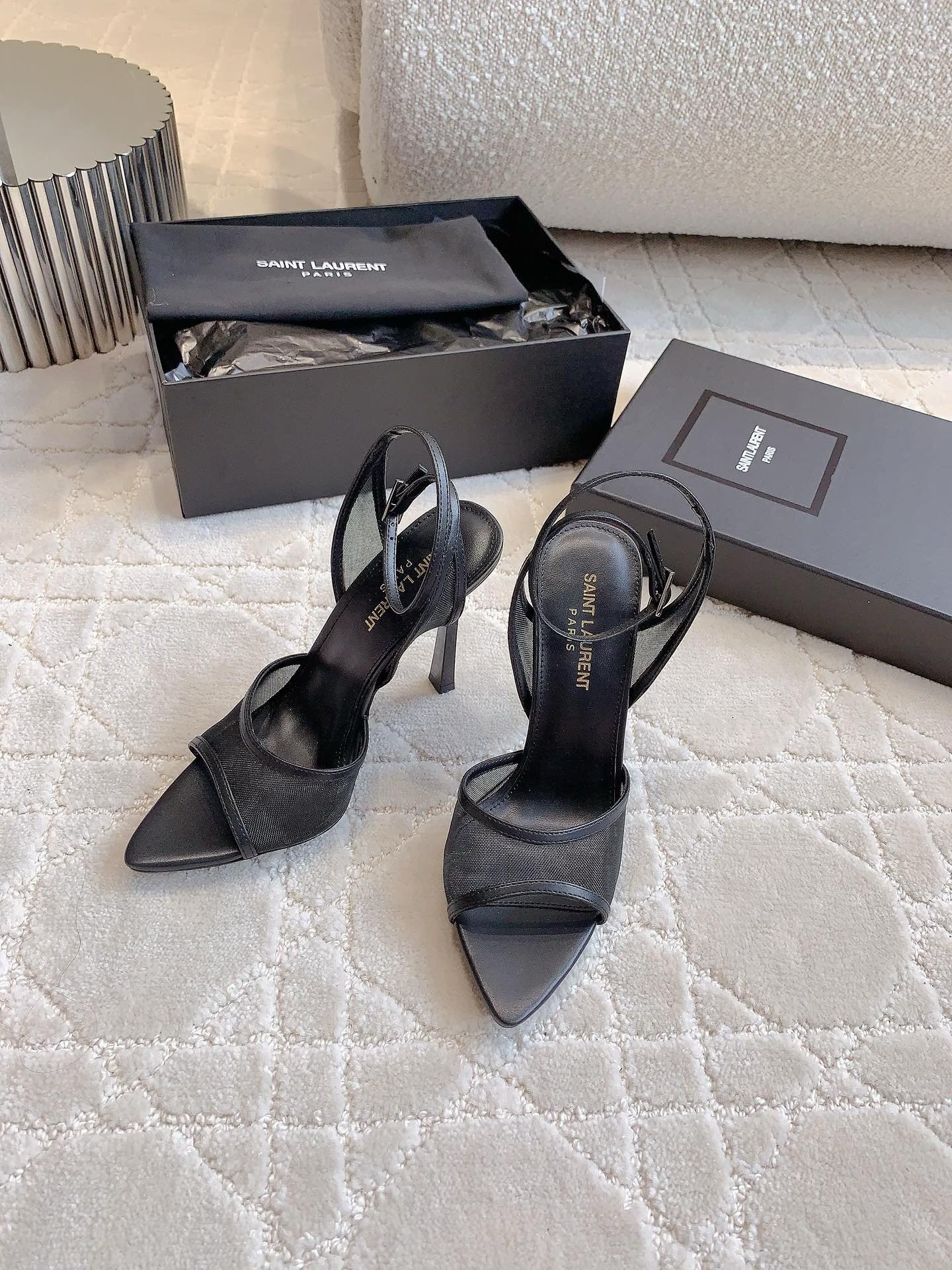 Sa**t Lau*nt missy sandals 110mm in black mesh