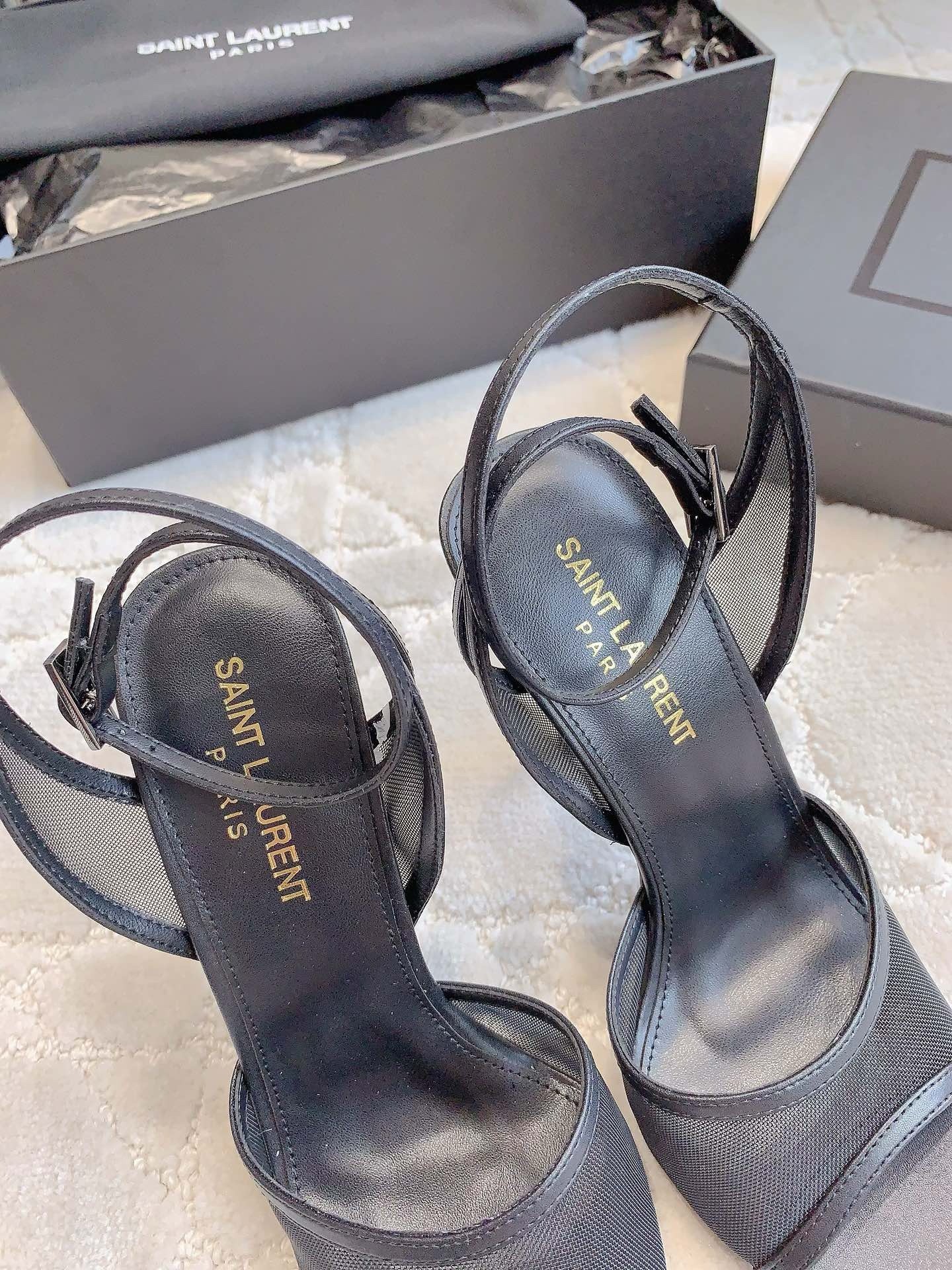 Sa**t Lau*nt missy sandals 110mm in black mesh