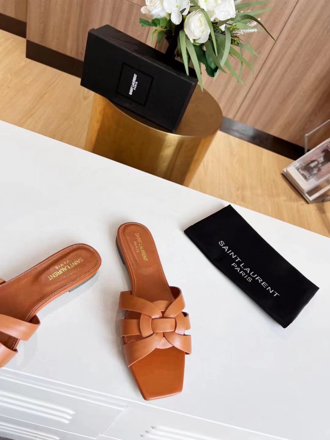 Sa**t Lau*nt tribute slides in tan calfskin