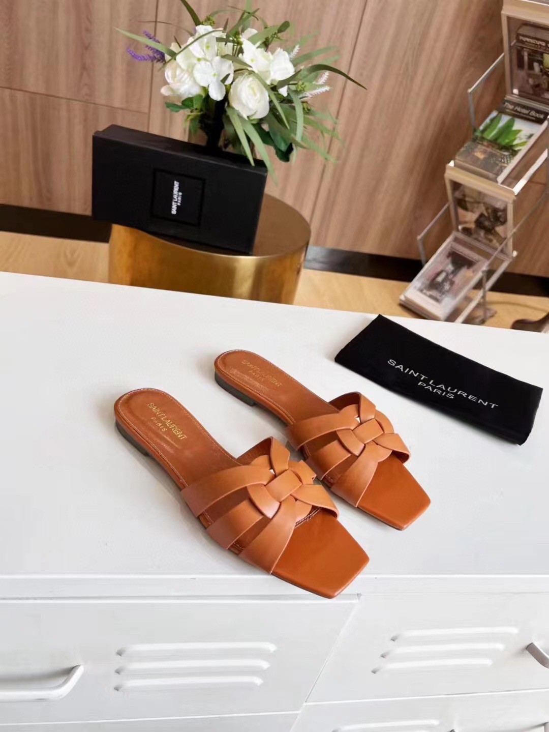 Sa**t Lau*nt tribute slides in tan calfskin