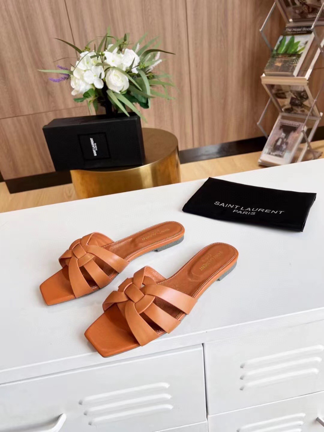 Sa**t Lau*nt tribute slides in tan calfskin