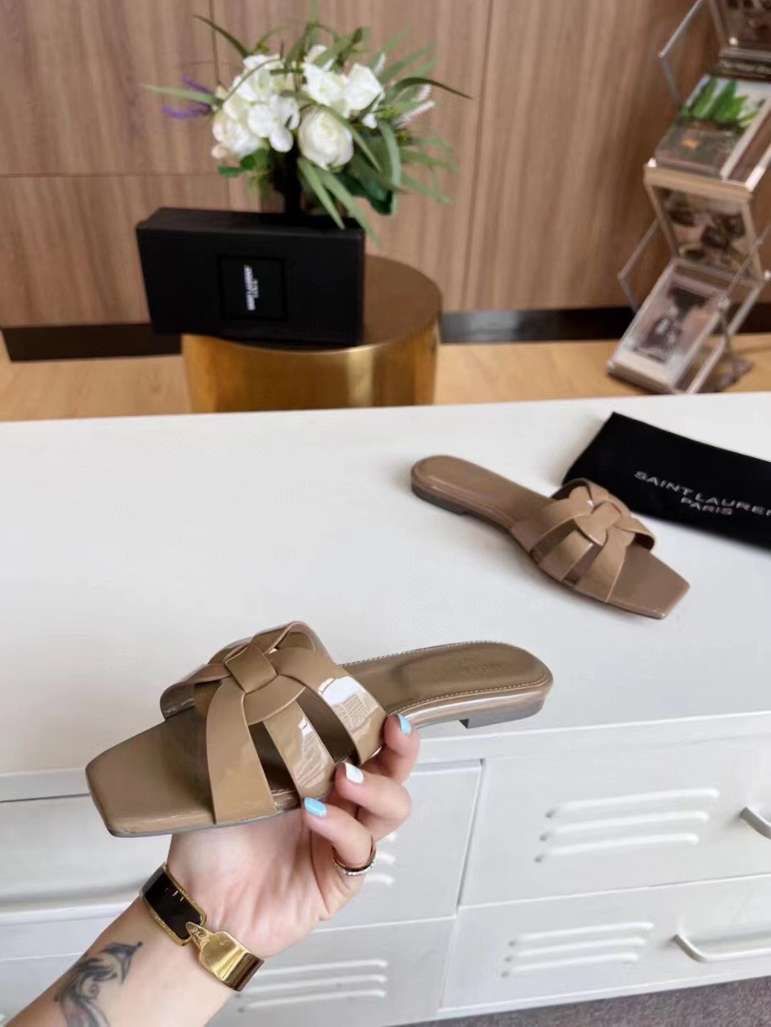 Sa**t Lau*nt tribute slides in dark beige patent leather