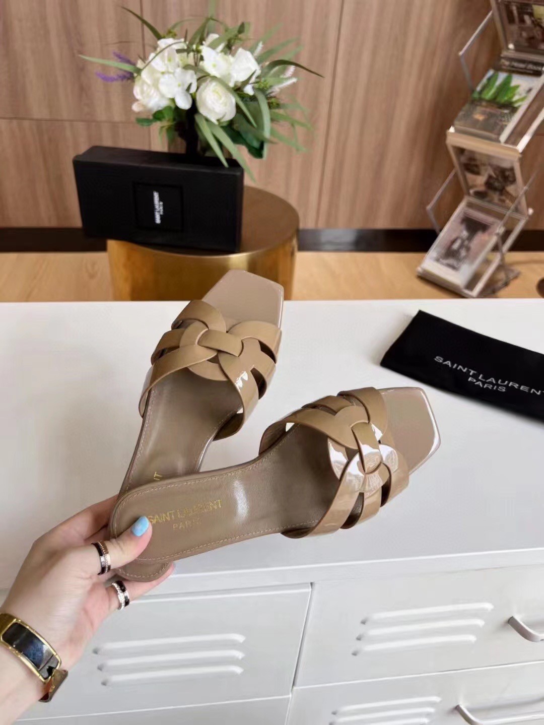 Sa**t Lau*nt tribute slides in dark beige patent leather