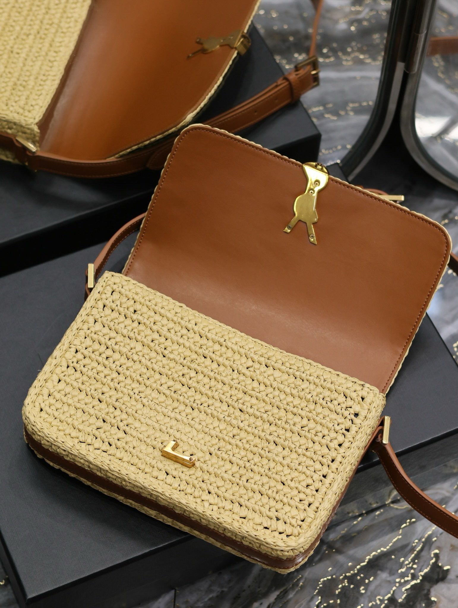 Sa**t Lau*nt medium solferino bag in naturel raffia