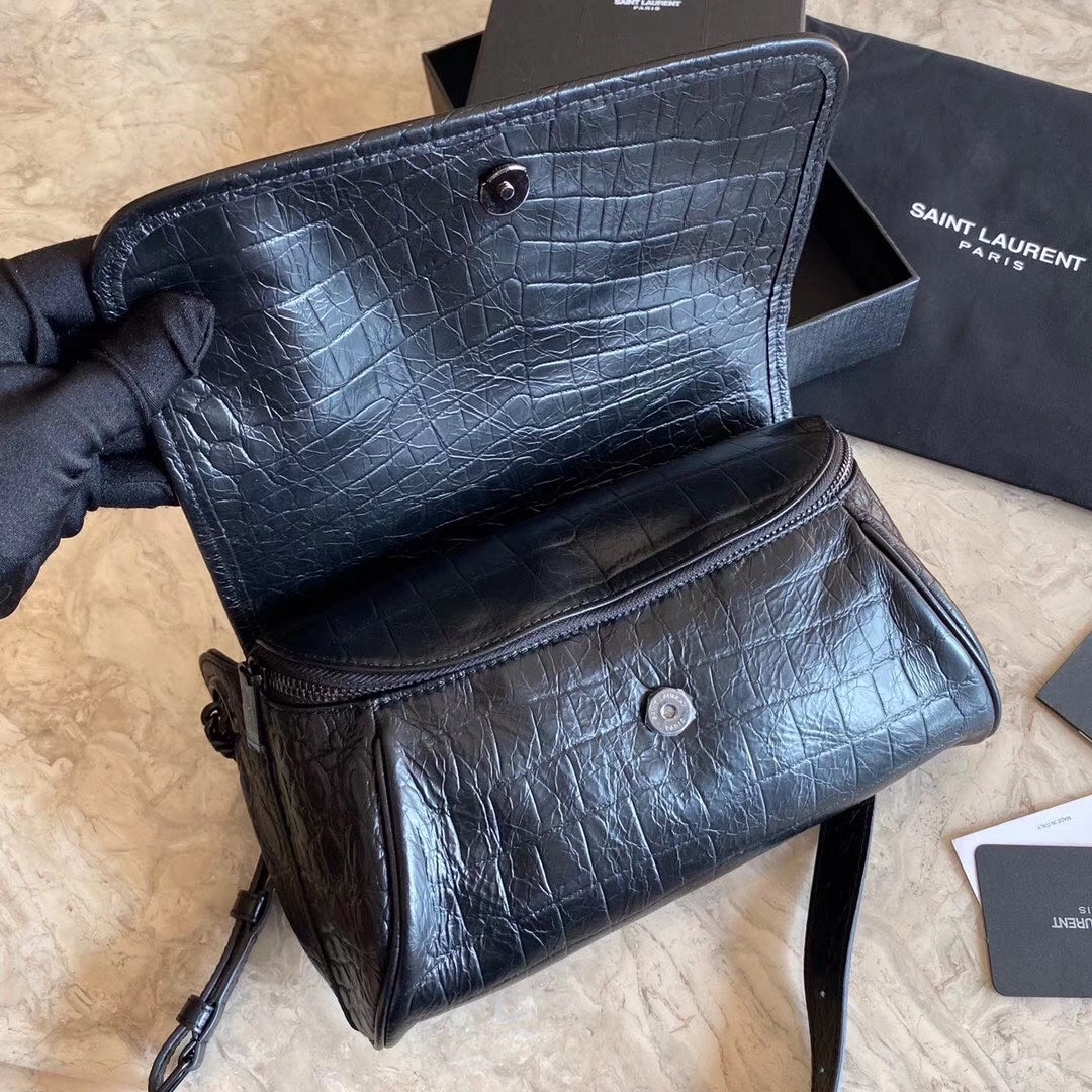 Sa**t Lau*nt niki body bag in black croco-embossed leather