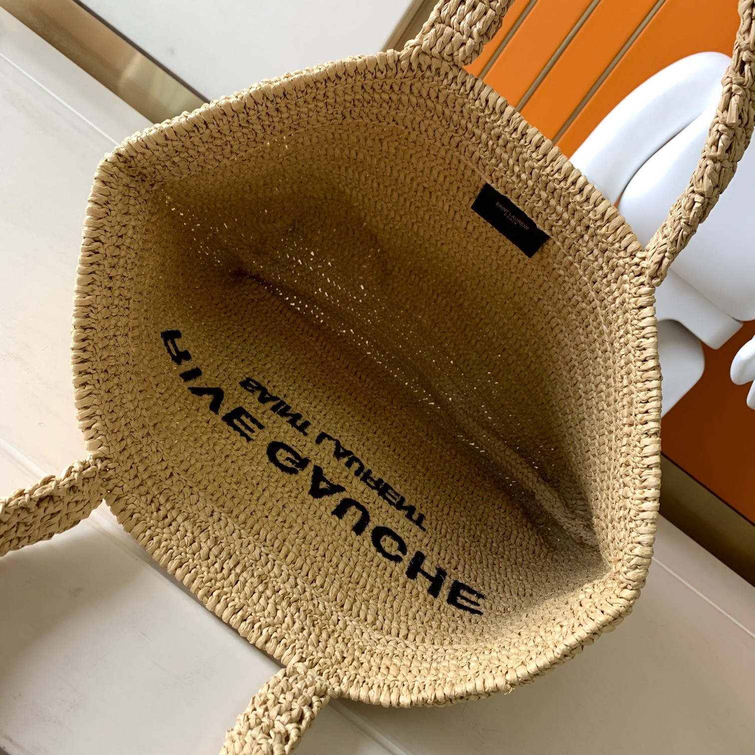 Sa**t Lau*nt rive gauche tote bag in beige raffia crochet