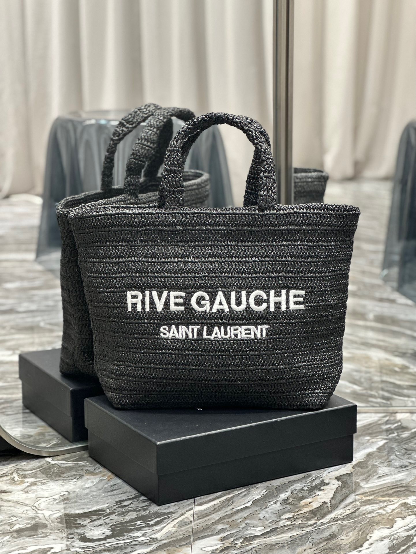 Sa**t Lau*nt rive gauche tote bag in black raffia crochet
