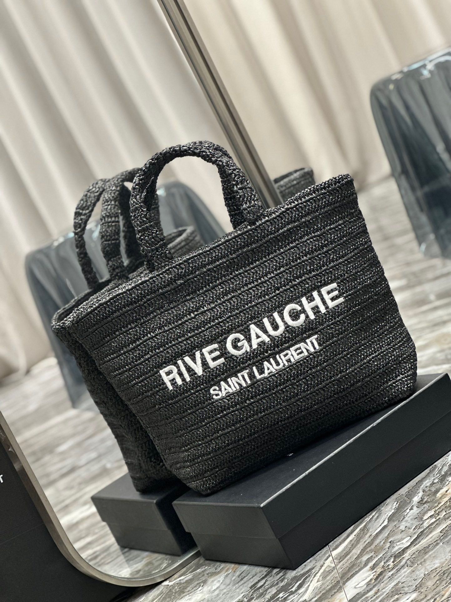 Sa**t Lau*nt rive gauche tote bag in black raffia crochet