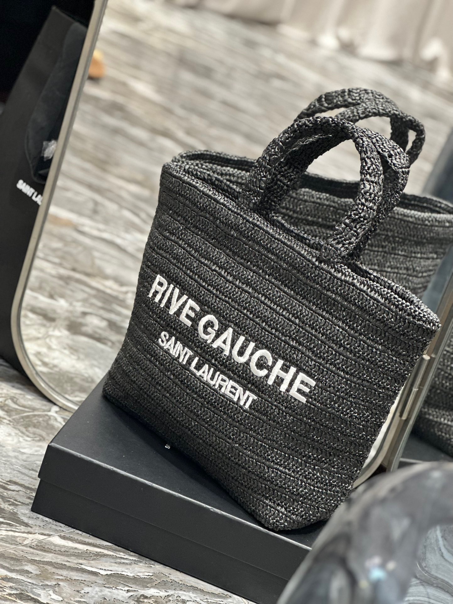 Sa**t Lau*nt rive gauche tote bag in black raffia crochet