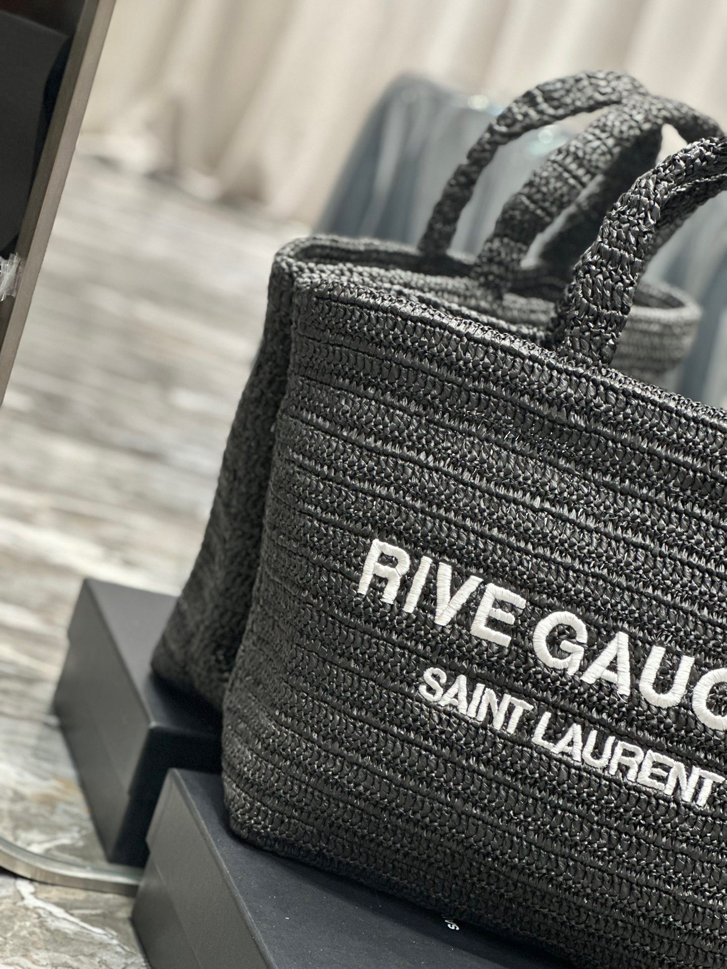 Sa**t Lau*nt rive gauche tote bag in black raffia crochet