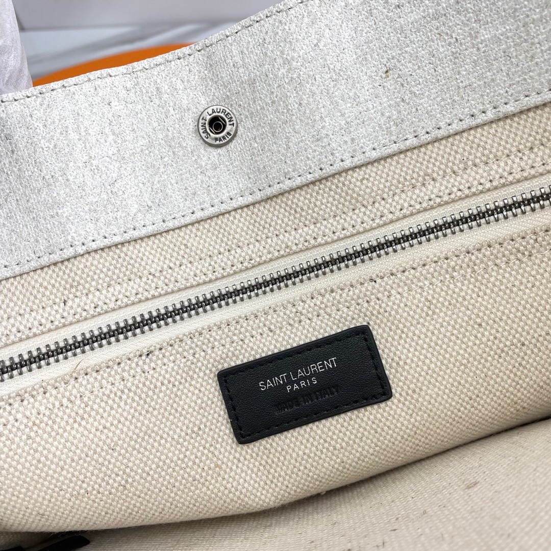 Sa**t Lau*nt rive gauche small tote bag in white linen and leather