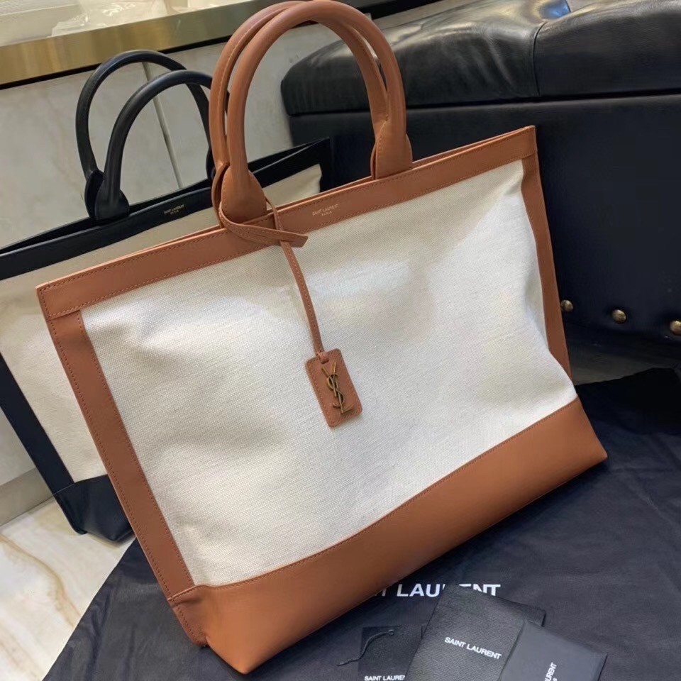 Sa**t Lau*nt tag shopping bag in canvas and brown leather
