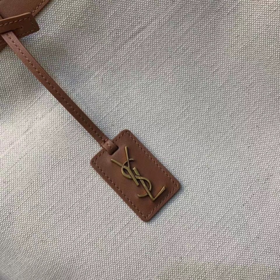 Sa**t Lau*nt tag shopping bag in canvas and brown leather