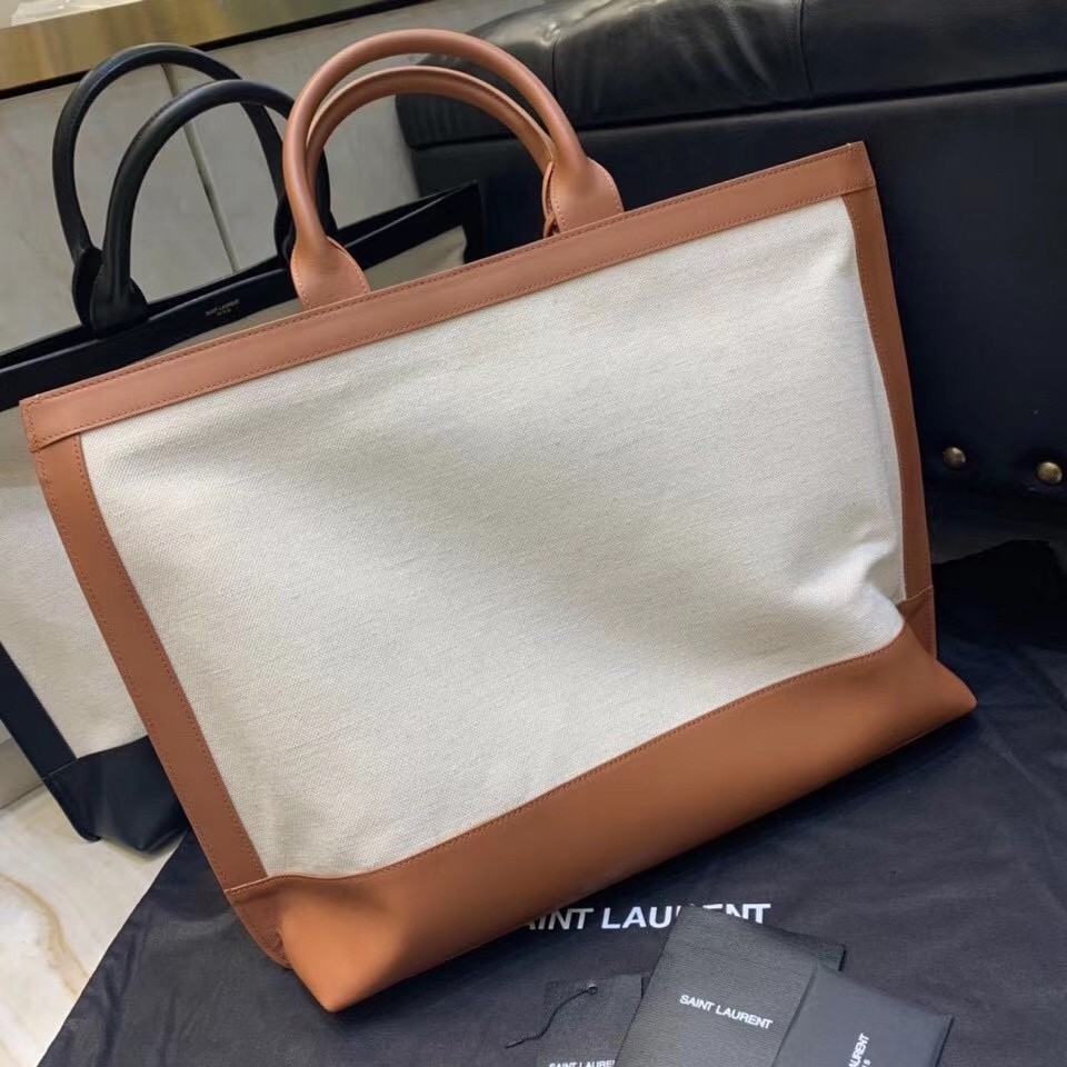 Sa**t Lau*nt tag shopping bag in canvas and brown leather