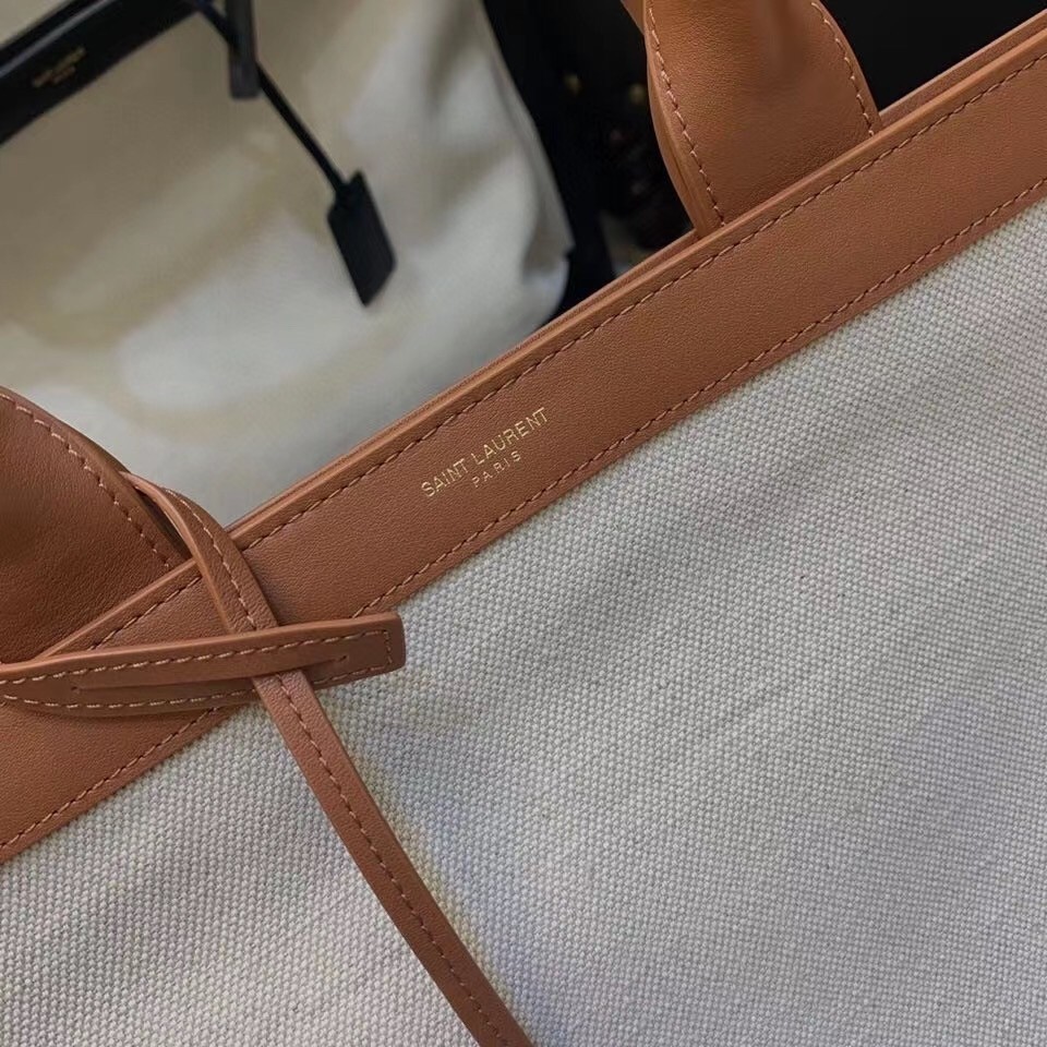 Sa**t Lau*nt tag shopping bag in canvas and brown leather
