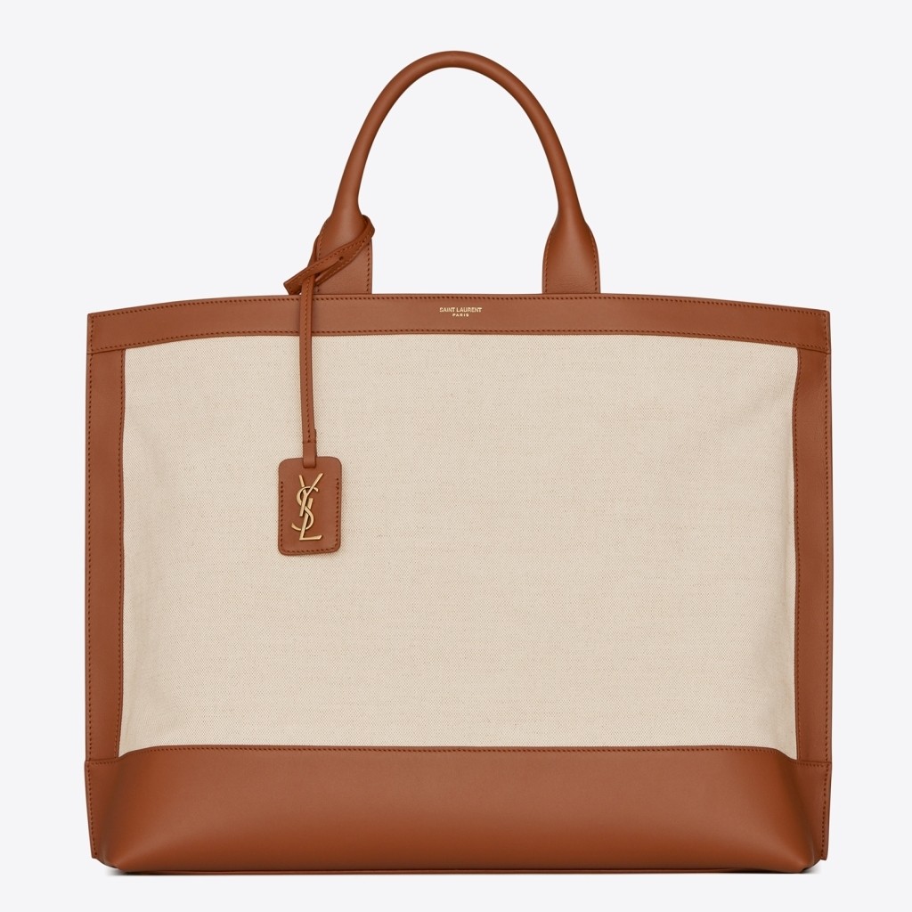 Sa**t Lau*nt tag shopping bag in canvas and brown leather