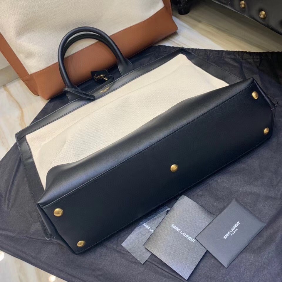 Sa**t Lau*nt tag shopping bag in canvas and black leather