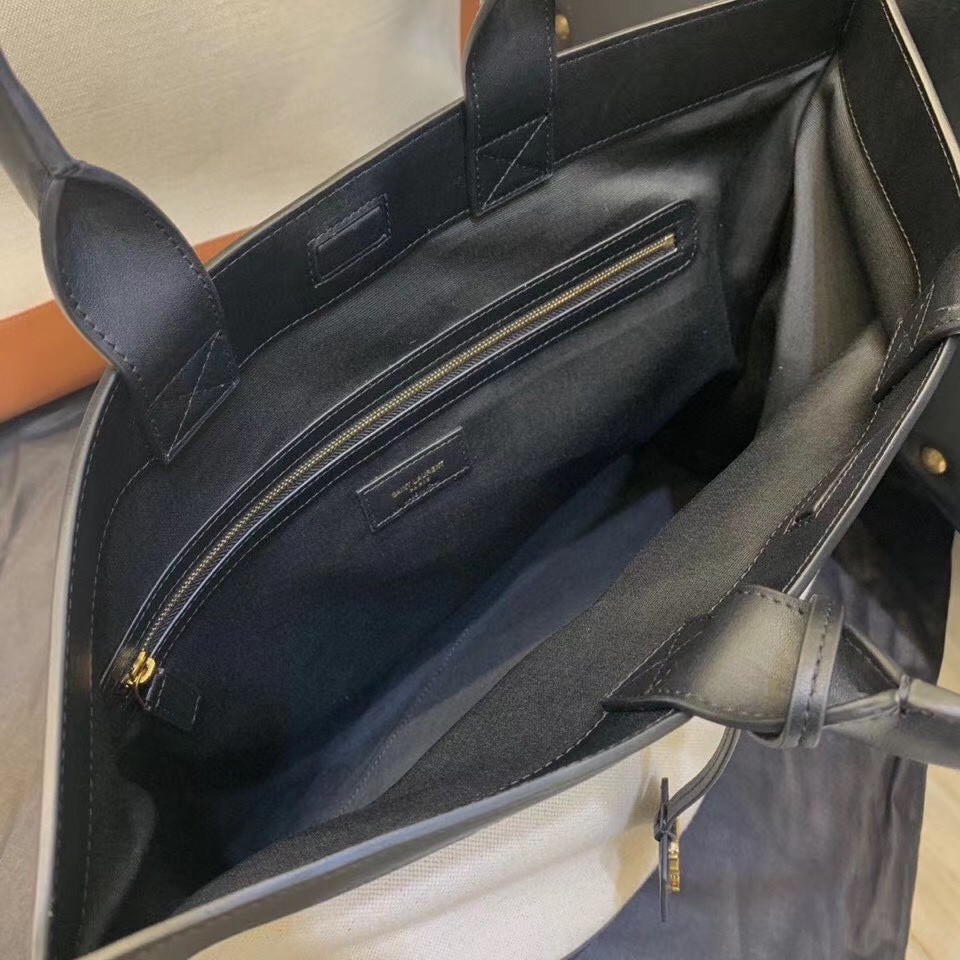 Sa**t Lau*nt tag shopping bag in canvas and black leather