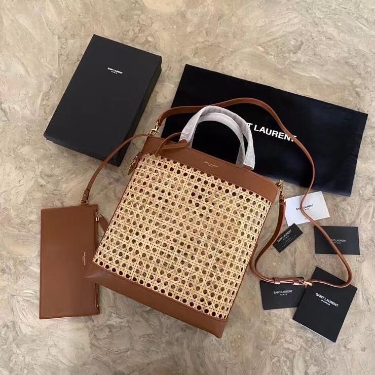 Sa**t Lau*nt n/s toy shopping bag in woven cane and leather