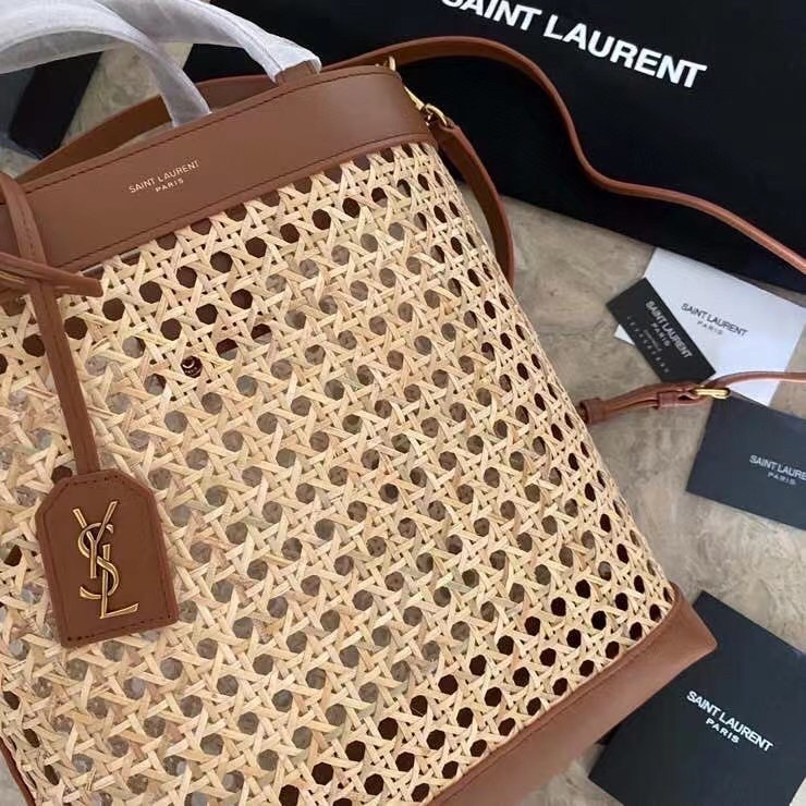 Sa**t Lau*nt n/s toy shopping bag in woven cane and leather