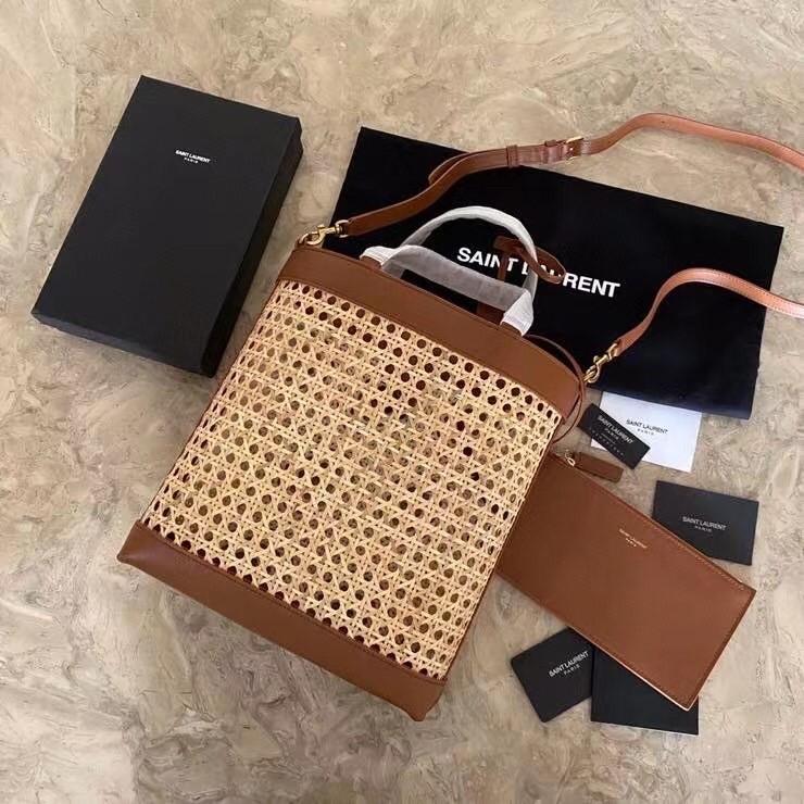 Sa**t Lau*nt n/s toy shopping bag in woven cane and leather