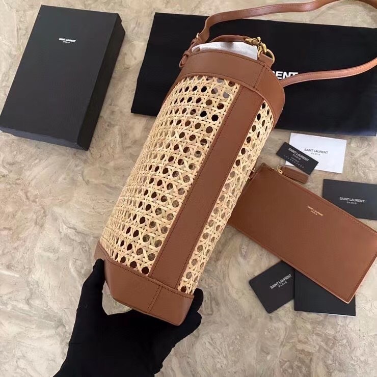 Sa**t Lau*nt n/s toy shopping bag in woven cane and leather