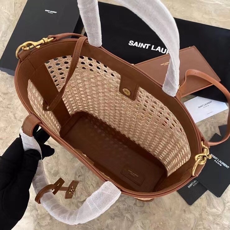 Sa**t Lau*nt n/s toy shopping bag in woven cane and leather