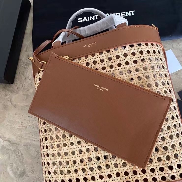 Sa**t Lau*nt n/s toy shopping bag in woven cane and leather