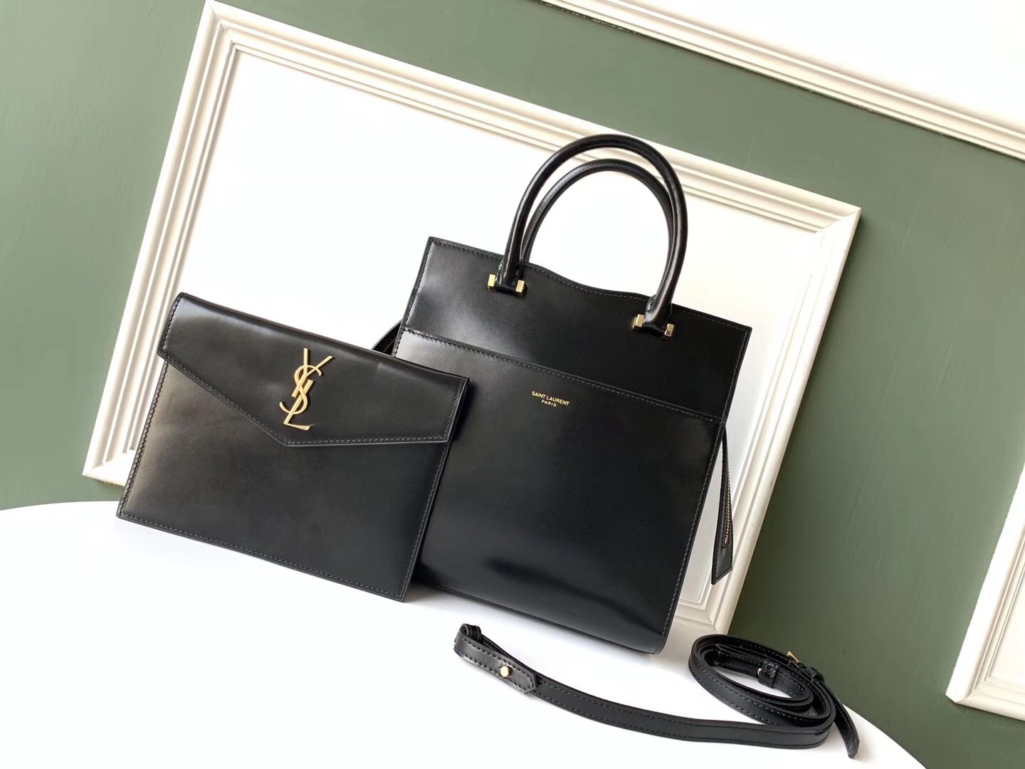 Sa**t Lau*nt small uptown tote in black calfskin