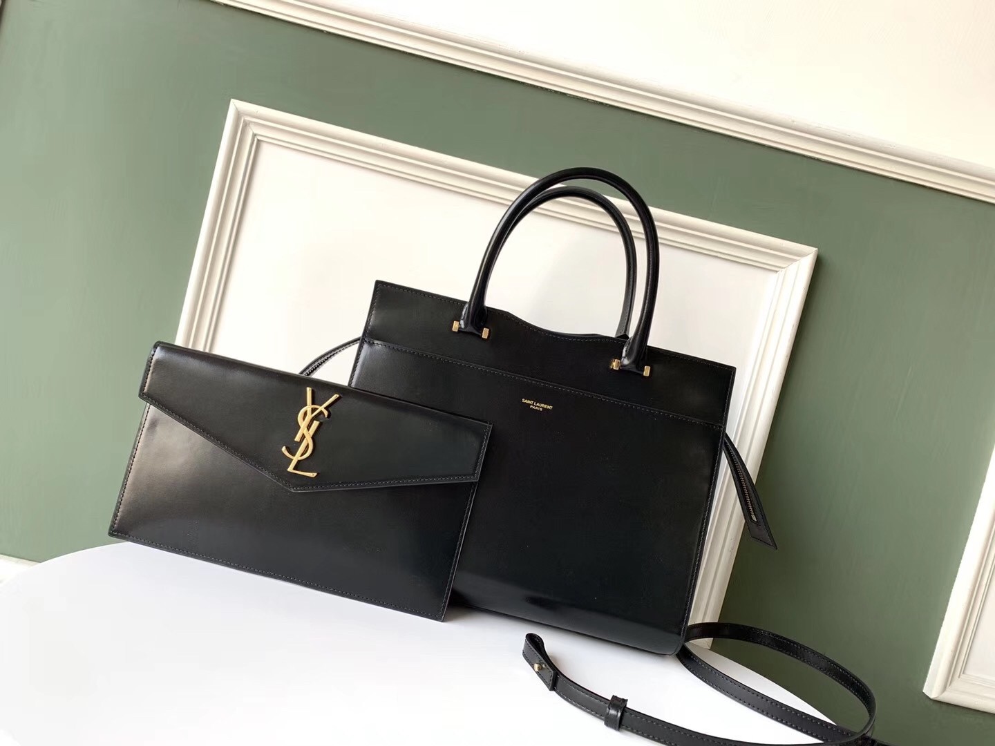 Sa**t Lau*nt uptown medium tote in black calfskin
