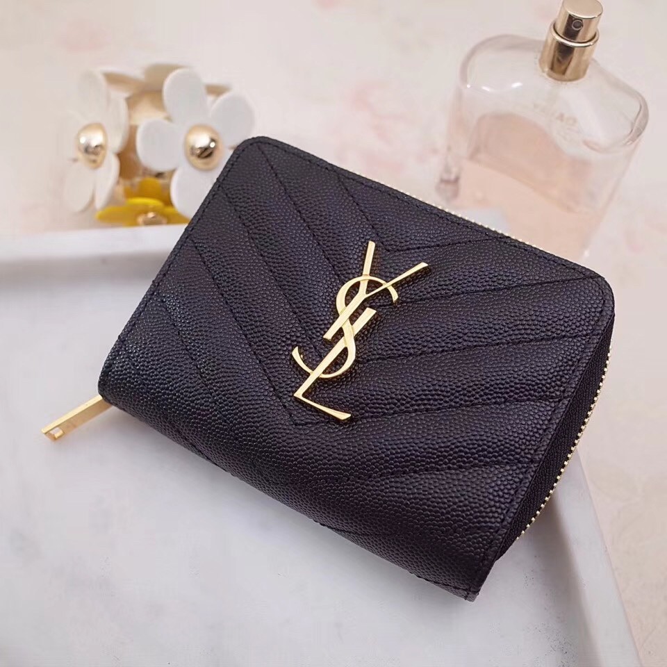 Sa**t Lau*nt compact zip around wallet in black leather